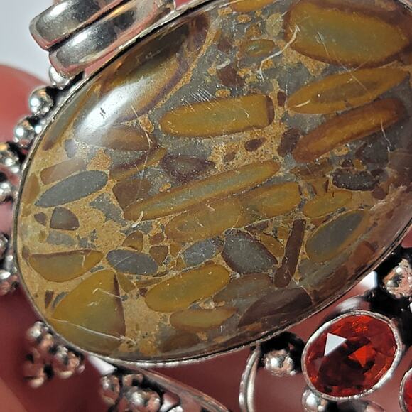 Handmade Silver Pendant With Fossil Coral Gemstone & Faceted Red Garnet Accent - Picture 4 of 10